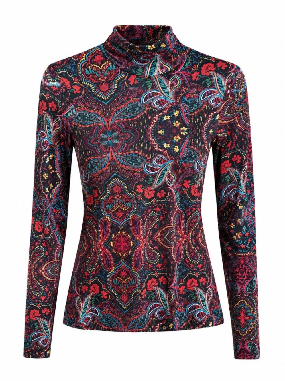 Johnny Was Womens Multicolor Paisley Print Turtleneck Mesh Long Sleeve Top S